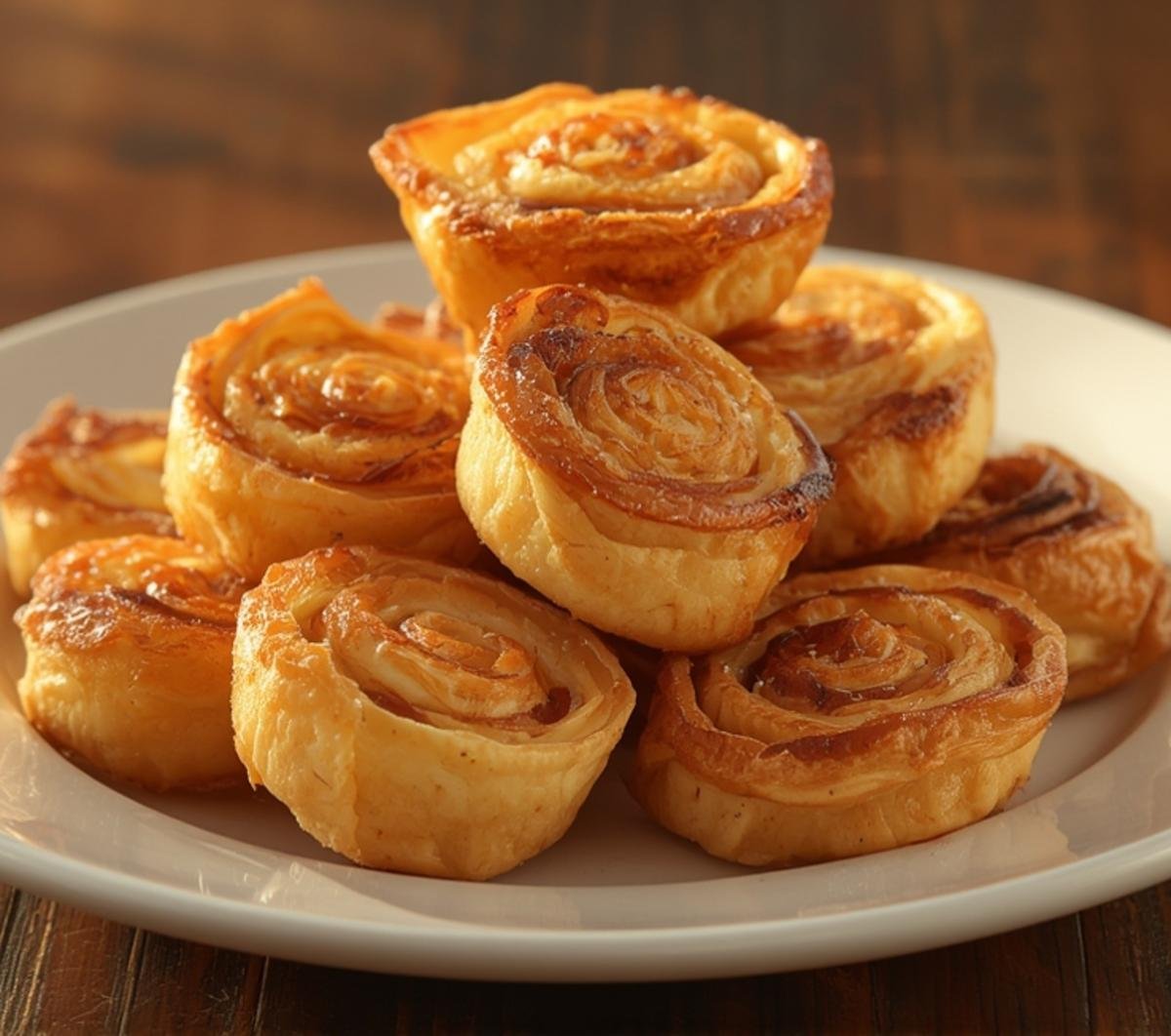 Delicious golden-brown Ham and Cheese Pinwheels baked to perfection, showcasing flaky pastry and melted cheese, perfect for snacks or appetizers.