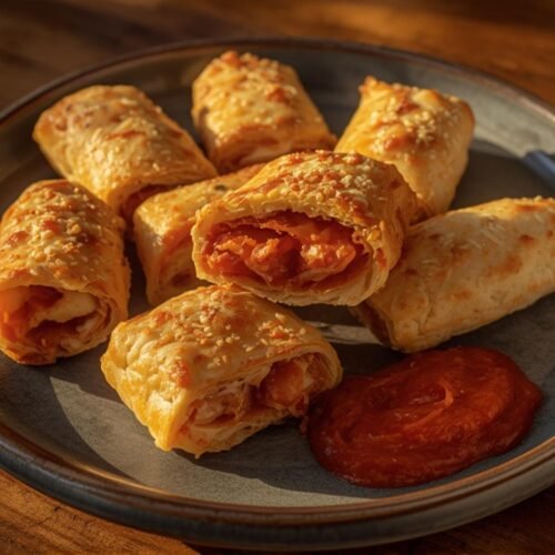 Golden-brown pizza rolls on a dark plate with pizza sauce, perfect for a quick and easy snack or meal.
