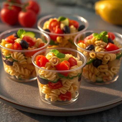 A visually appealing arrangement of Pasta Salad Cups in clear plastic cups, filled with rotini pasta, cherry tomatoes, cucumber, and olives, perfect for parties or picnics.