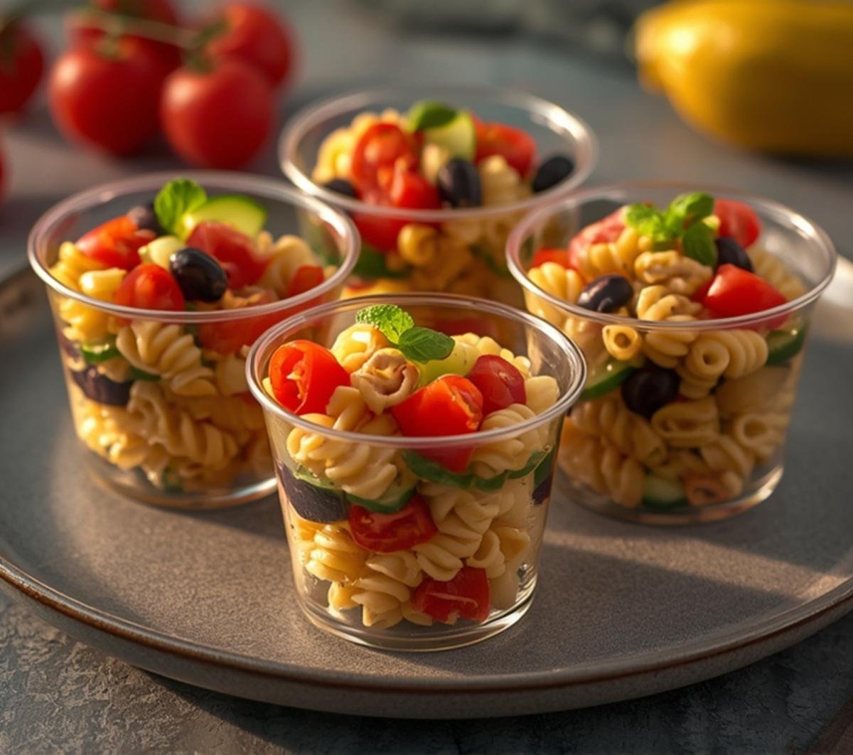 A visually appealing arrangement of Pasta Salad Cups in clear plastic cups, filled with rotini pasta, cherry tomatoes, cucumber, and olives, perfect for parties or picnics.