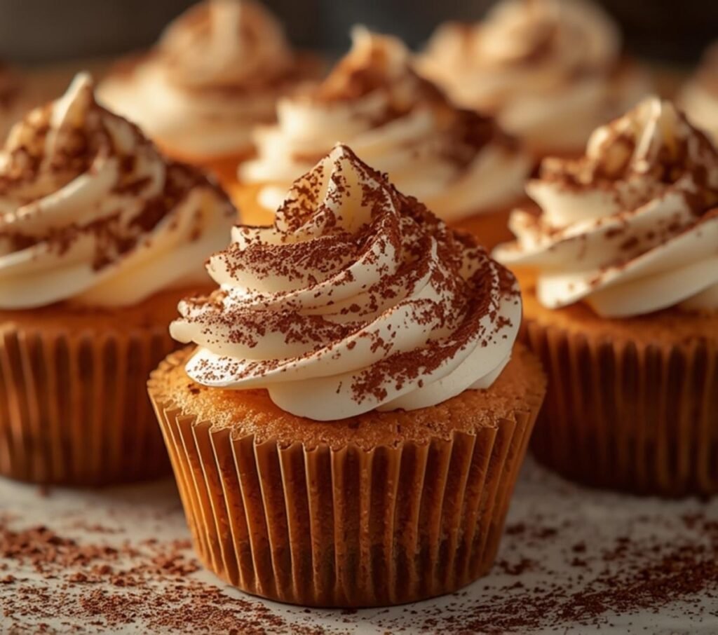 Decadent tiramisu cupcakes with creamy mascarpone frosting and cocoa dusting, perfect for a delightful dessert.