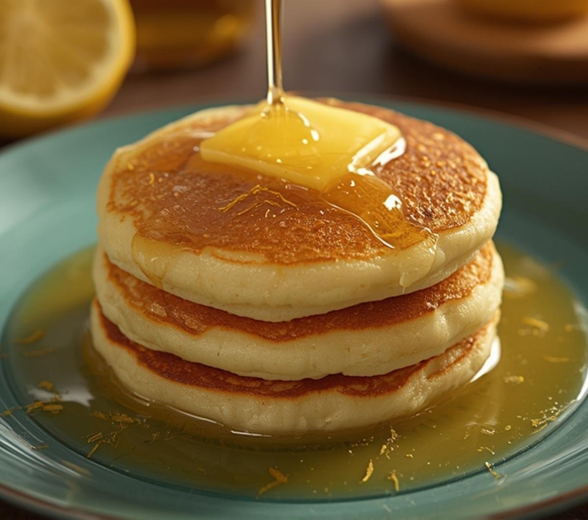 A stack of three golden brown Lemon Ricotta Pancakes topped with butter and syrup, presented on a turquoise plate, perfect for a delicious breakfast.