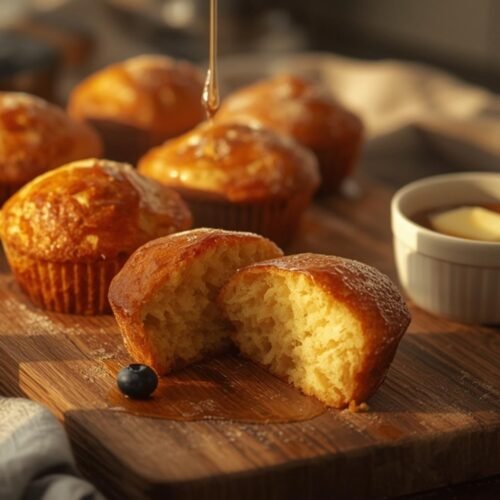 Easy Pancake Muffins: Grab and Go Breakfast Treats 3 Golden pancake muffins on a plate drizzled with maple syrup, a fluffy breakfast recipe made with pancake mix