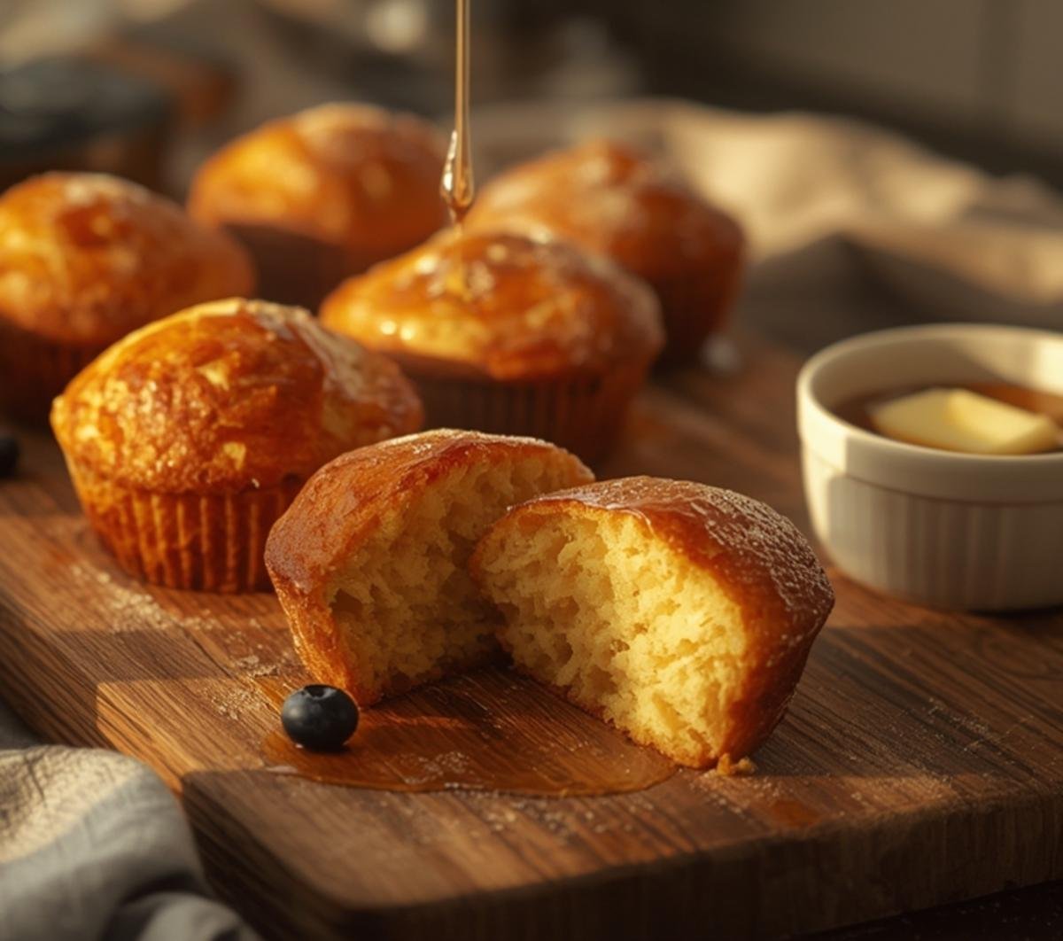 Golden pancake muffins on a plate drizzled with maple syrup, a fluffy breakfast recipe made with pancake mix