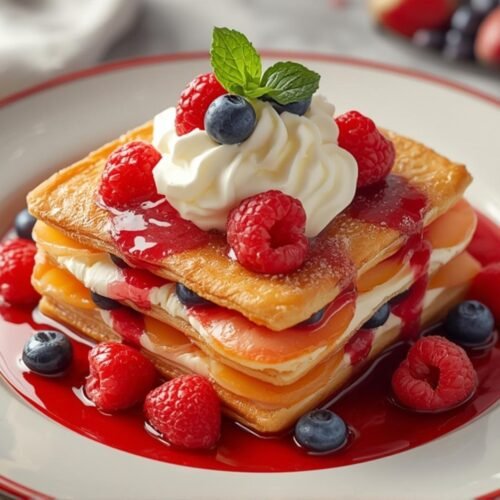 Delectable Fruit Mille Feuille featuring layers of crisp puff pastry, smooth mascarpone cream, and a vibrant assortment of fresh berries and fruit, topped with a raspberry coulis.