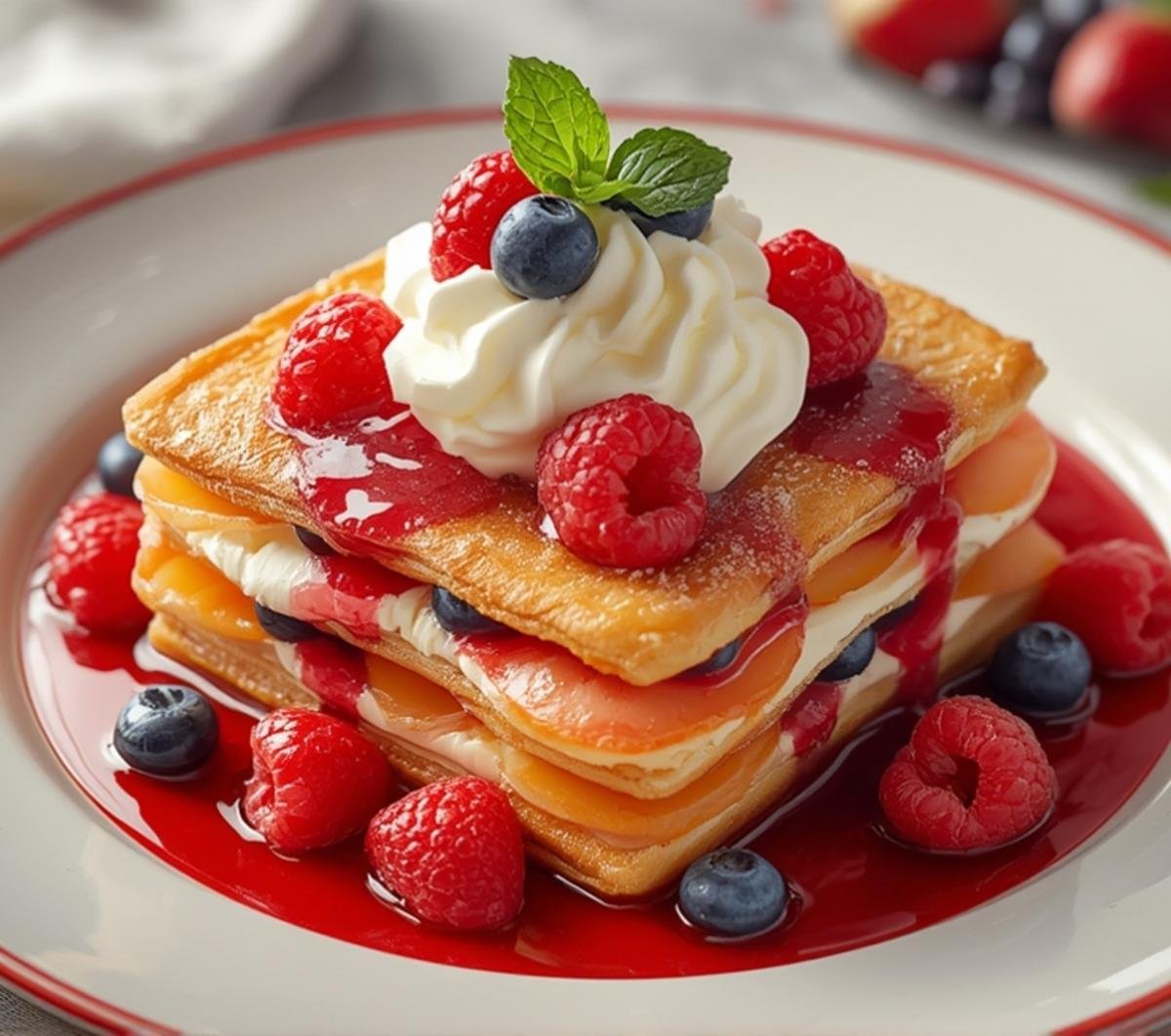 Delectable Fruit Mille Feuille featuring layers of crisp puff pastry, smooth mascarpone cream, and a vibrant assortment of fresh berries and fruit, topped with a raspberry coulis.