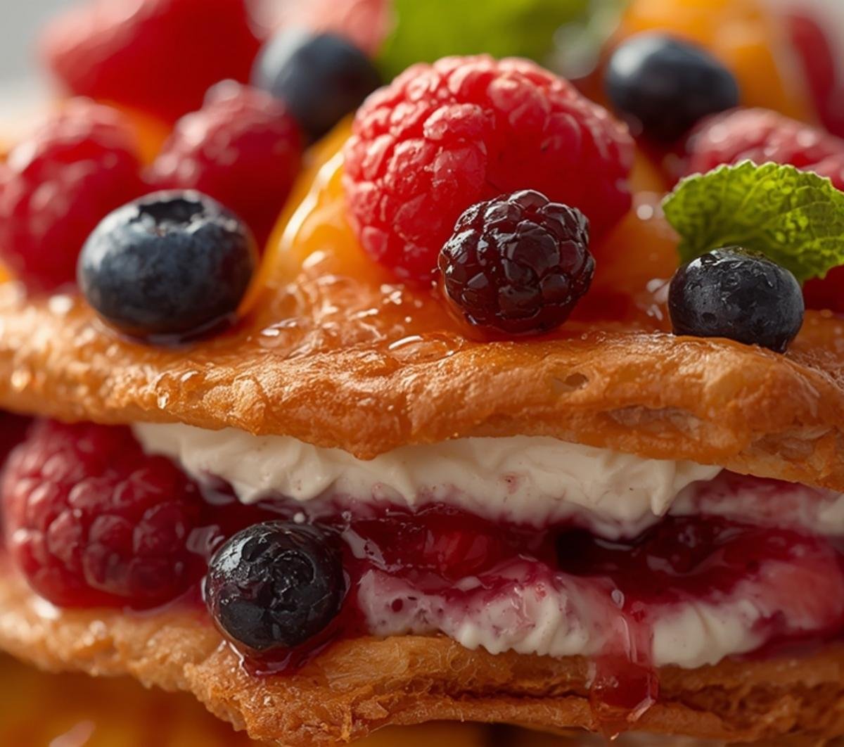 Macro shot of Fruit Mille Feuille showing the delicate puffed pastry layers, creamy mascarpone swirls, and the detailed textures of fresh raspberries, blueberries, and berry coulis.