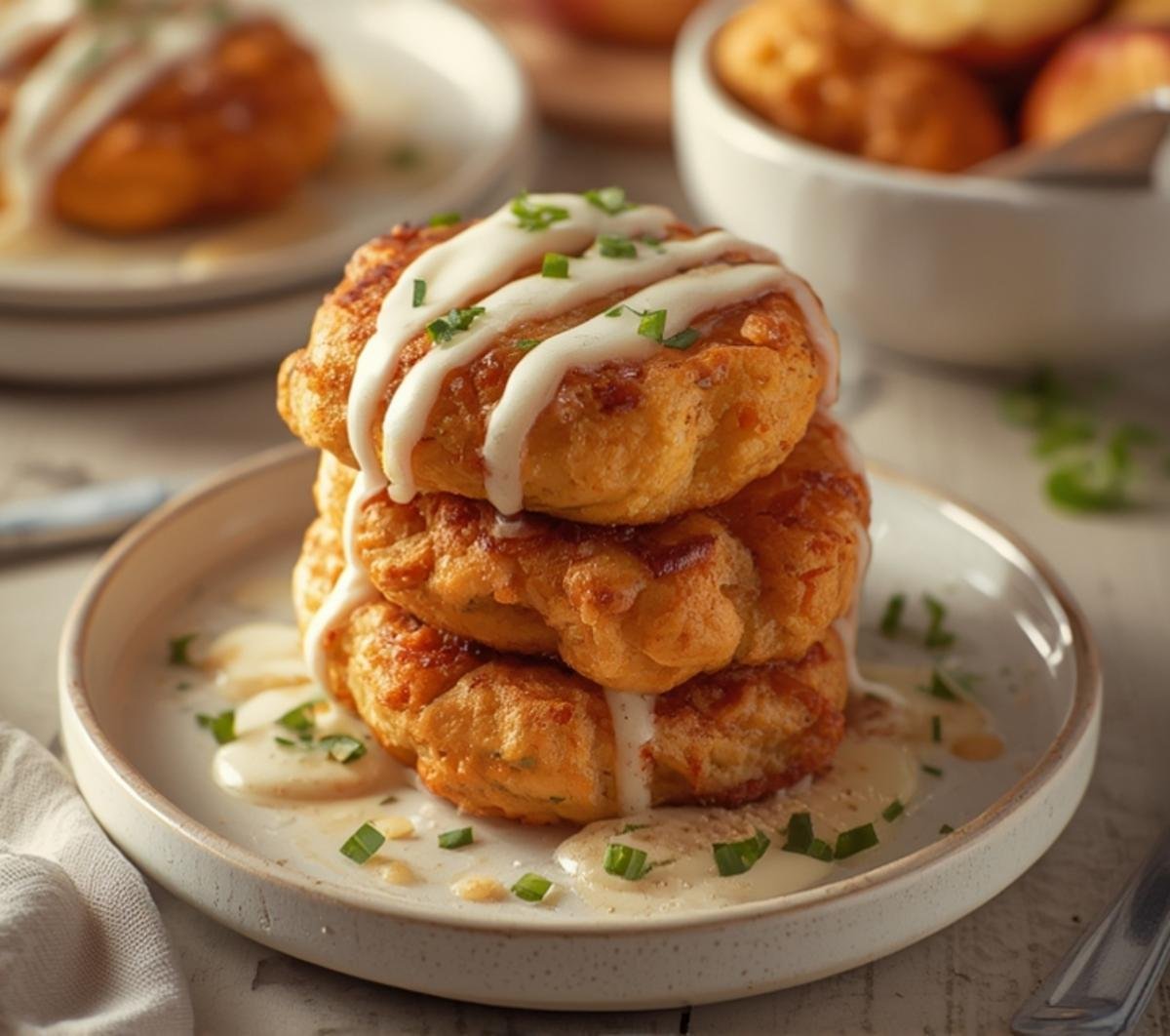 A plate of deliciously golden and glazed apple fritters, stacked on white ceramic plates, with warm drinks in the background.