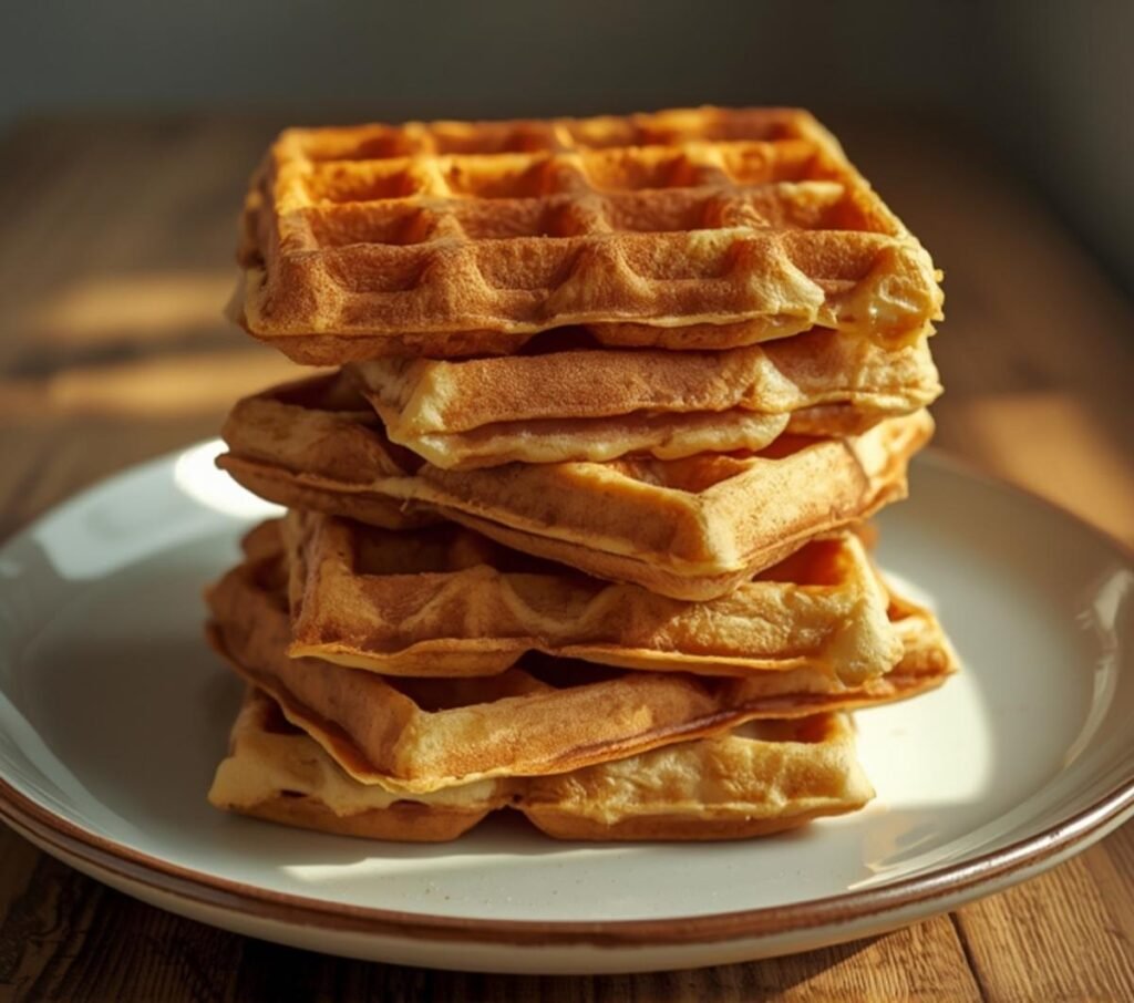 Golden brown Greek Yogurt Waffles stacked on a plate, showcasing their fluffy texture and inviting appearance, perfect for breakfast.