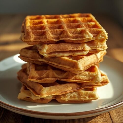 Fluffy Greek Yogurt Waffles: High-Protein Breakfast Perfection 3 Golden brown Greek Yogurt Waffles stacked on a plate, showcasing their fluffy texture and inviting appearance, perfect for breakfast.