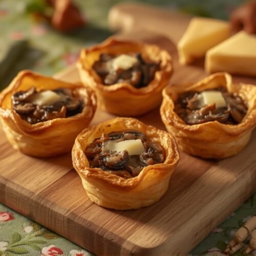 Golden brown Gruyere Mushroom Puff Pastry Bites, a delicious appetizer made with flaky puff pastry, mushrooms, and melted Gruyere cheese, ready to be served.