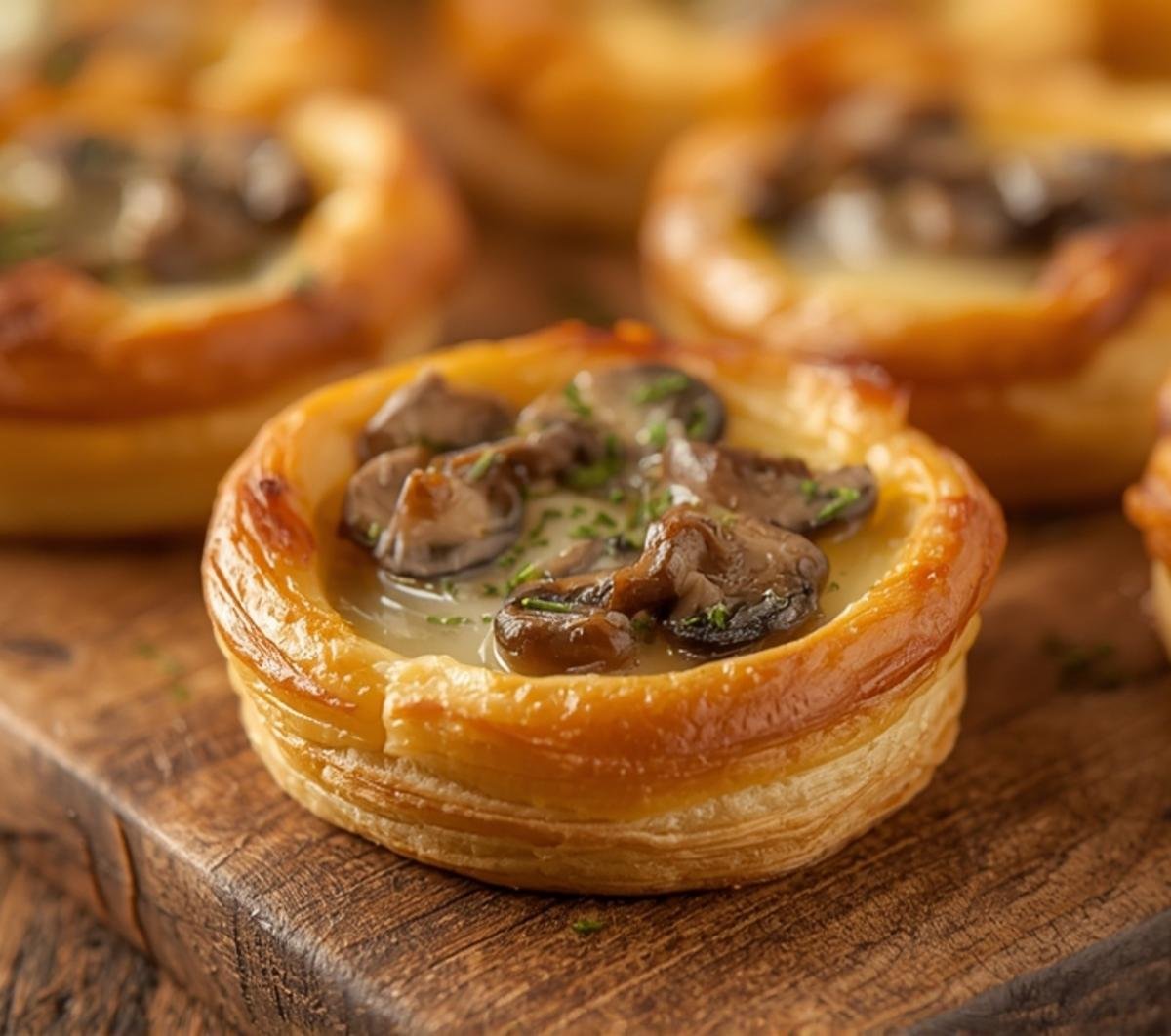 Extreme close-up of a Gruyere Mushroom Puff Pastry Bite, highlighting the crispy layers, melted cheese, and mushroom filling, emphasizing exquisite texture.