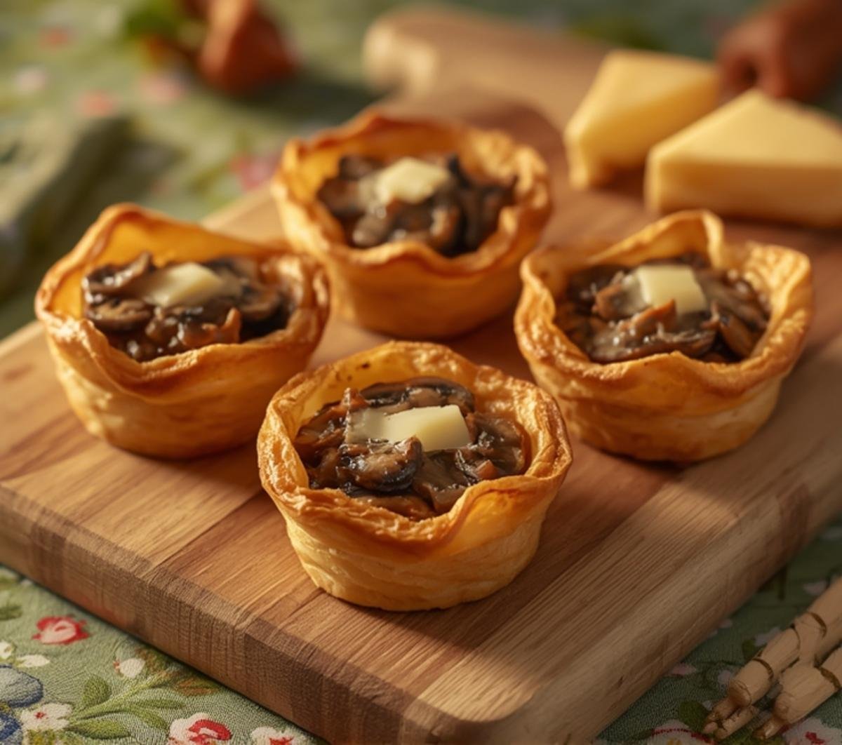 Golden brown Gruyere Mushroom Puff Pastry Bites, a delicious appetizer made with flaky puff pastry, mushrooms, and melted Gruyere cheese, ready to be served.