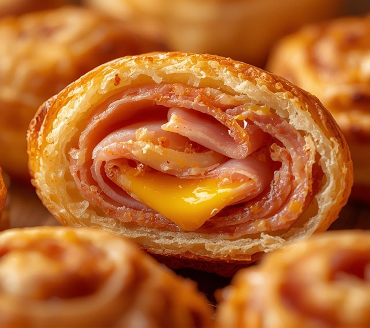 Extreme close-up of Ham and Cheese Pinwheels, highlighting the crispy layers of puff pastry, gooey melted cheese, and savory ham details.