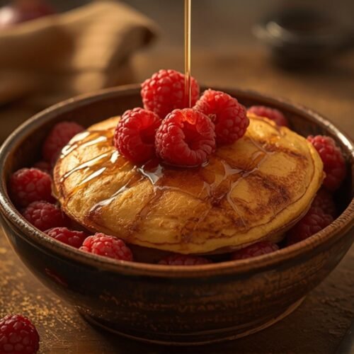 Close-up of a delicious baked protein pancake bowl filled with raspberries and drizzled with syrup, perfect for a healthy breakfast.