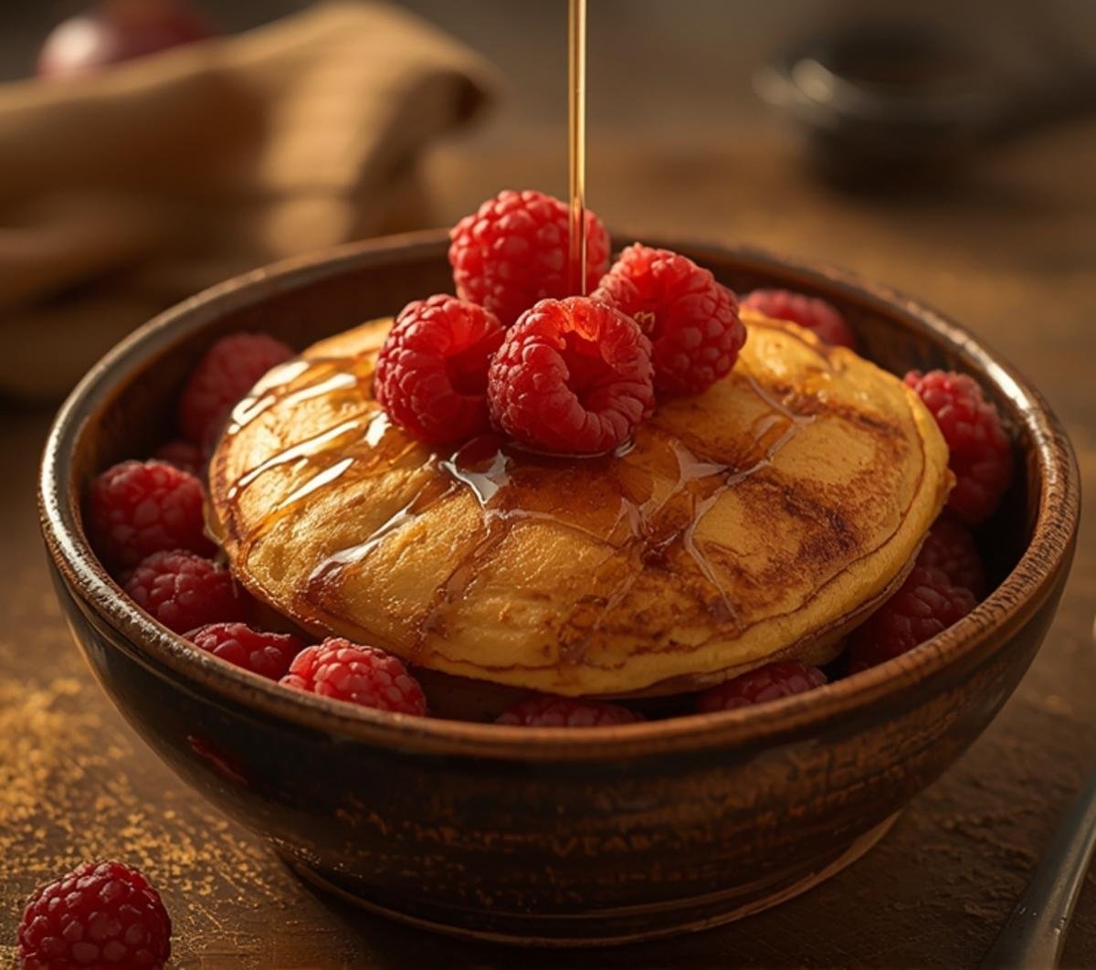 Close-up of a delicious baked protein pancake bowl filled with raspberries and drizzled with syrup, perfect for a healthy breakfast.