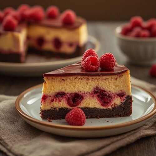 Himbeer-Brownie-Cheesecake Scheibe mit frischen Himbeeren und Schokolade auf Teller