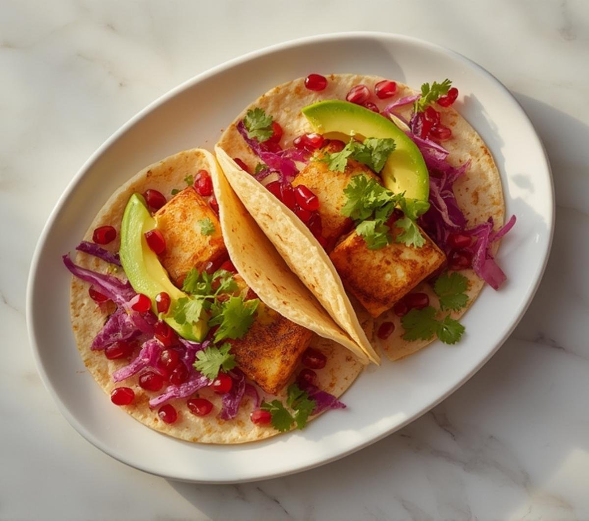 A close-up of three vibrant Honey Lime Halloumi Tacos on a white plate, garnished with pomegranate, avocado, and fresh cilantro, perfect for a fresh meal. Delicious Honey Lime Halloumi Tacos.