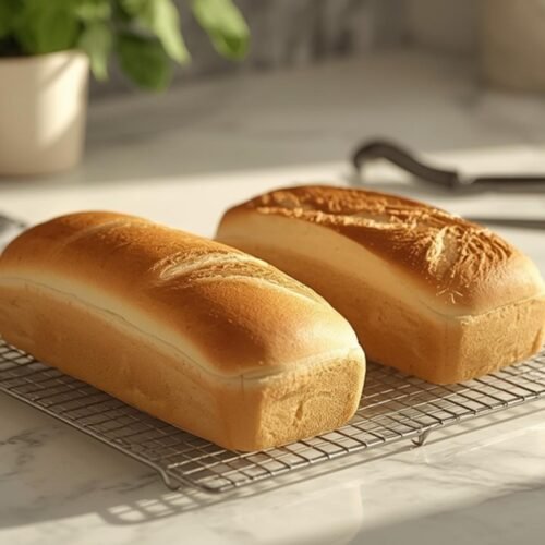Two freshly baked golden-brown loaves of Japanese Milk Bread Shokupan cooling on a wire rack on a white marble counter, vibrant and inviting.