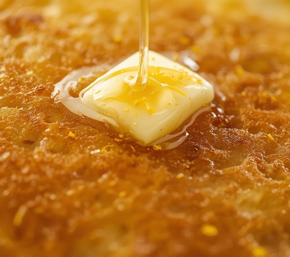 Extreme macro close-up of a Lemon Ricotta Pancake's surface, showcasing its fluffy texture, golden-brown crisp edges, and glistening syrup with visible lemon zest.