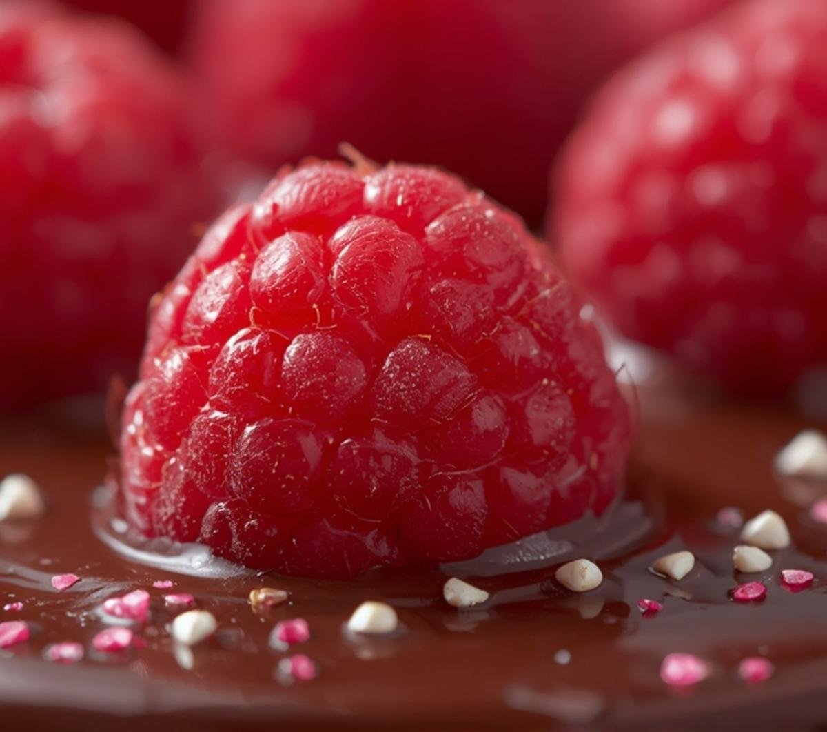 Extreme close-up of chocolate-covered raspberries, highlighting the glossy dark chocolate, juicy berry texture, and delicate heart sprinkles with a soft bokeh effect.