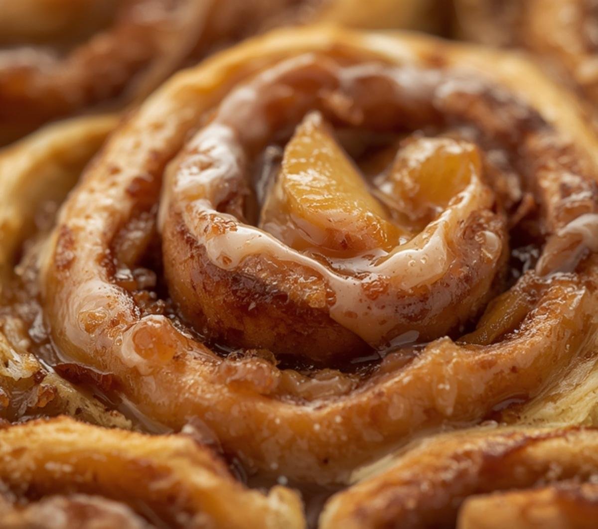 Extreme macro shot highlighting the glistening apple pie filling and soft cinnamon roll textures in a Cinnamon Rolls with Apple Pie Filling dessert.
