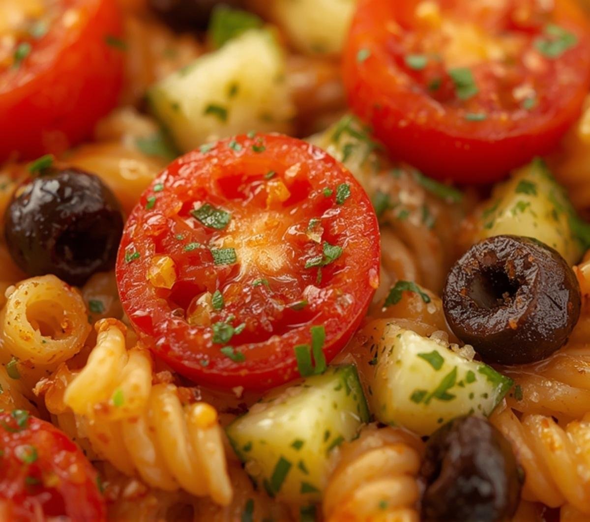 Extreme close-up of Pasta Salad Cups ingredients: rotini pasta textures, juicy cherry tomatoes, crisp cucumber, glistening Italian dressing, and fresh parsley.