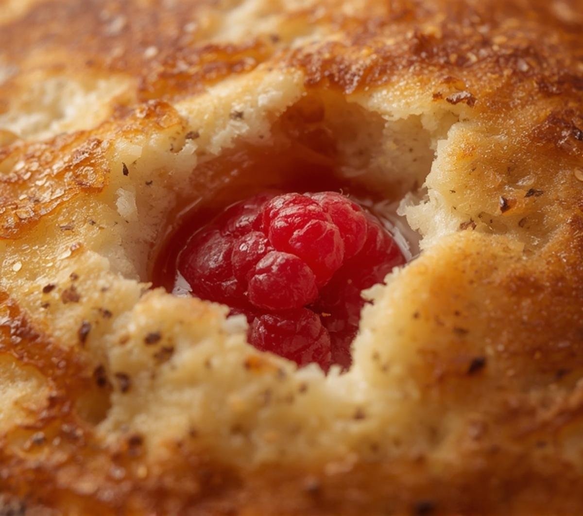 Extreme close-up of the fluffy texture of a baked protein pancake, with visible flax seeds and juicy raspberry accents. Highly detailed and appetizing.
