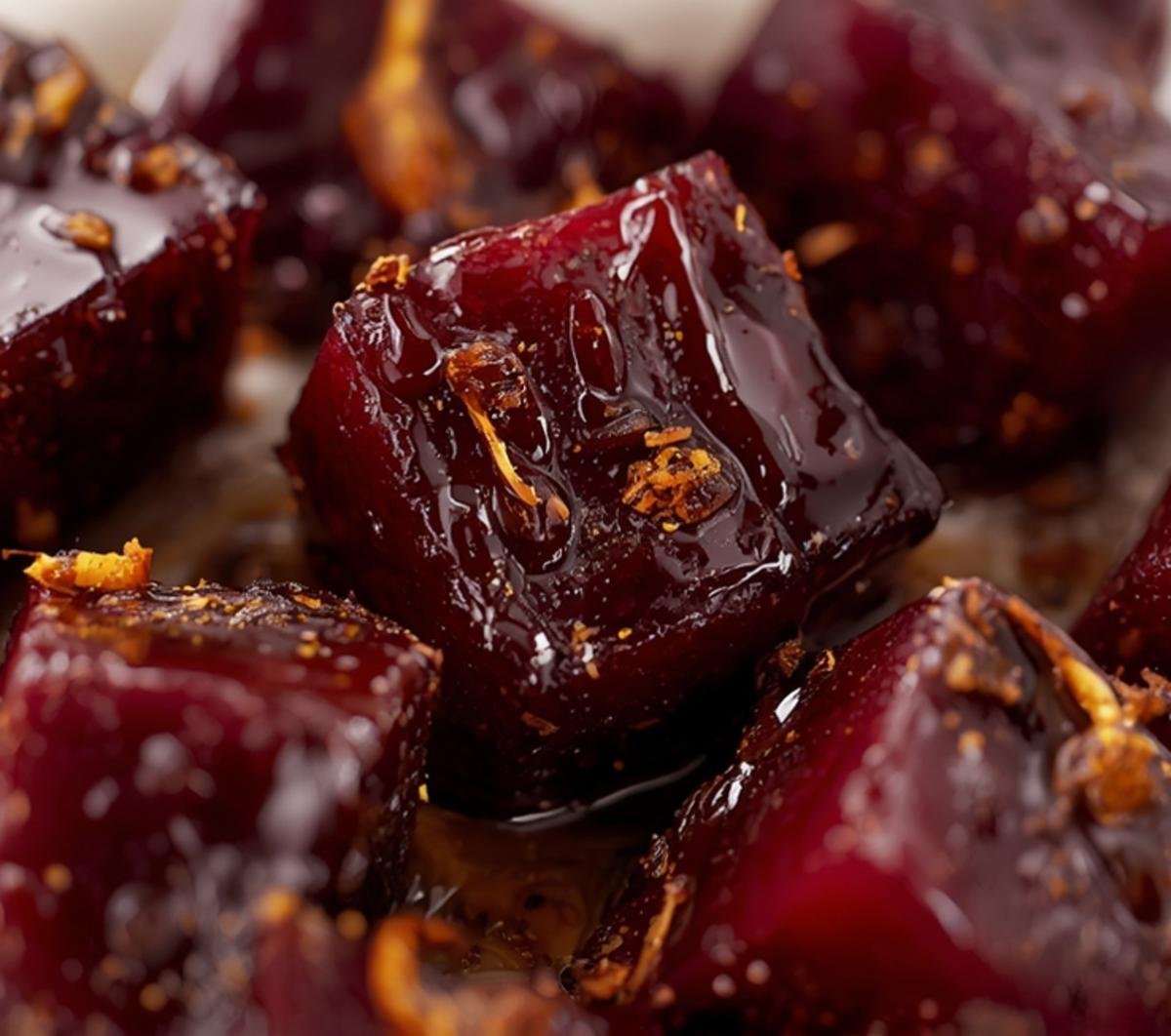 Extreme close-up on the surface of roasted beets, highlighting the glossy balsamic glaze, tiny spice flecks, and delicate orange zest strands.