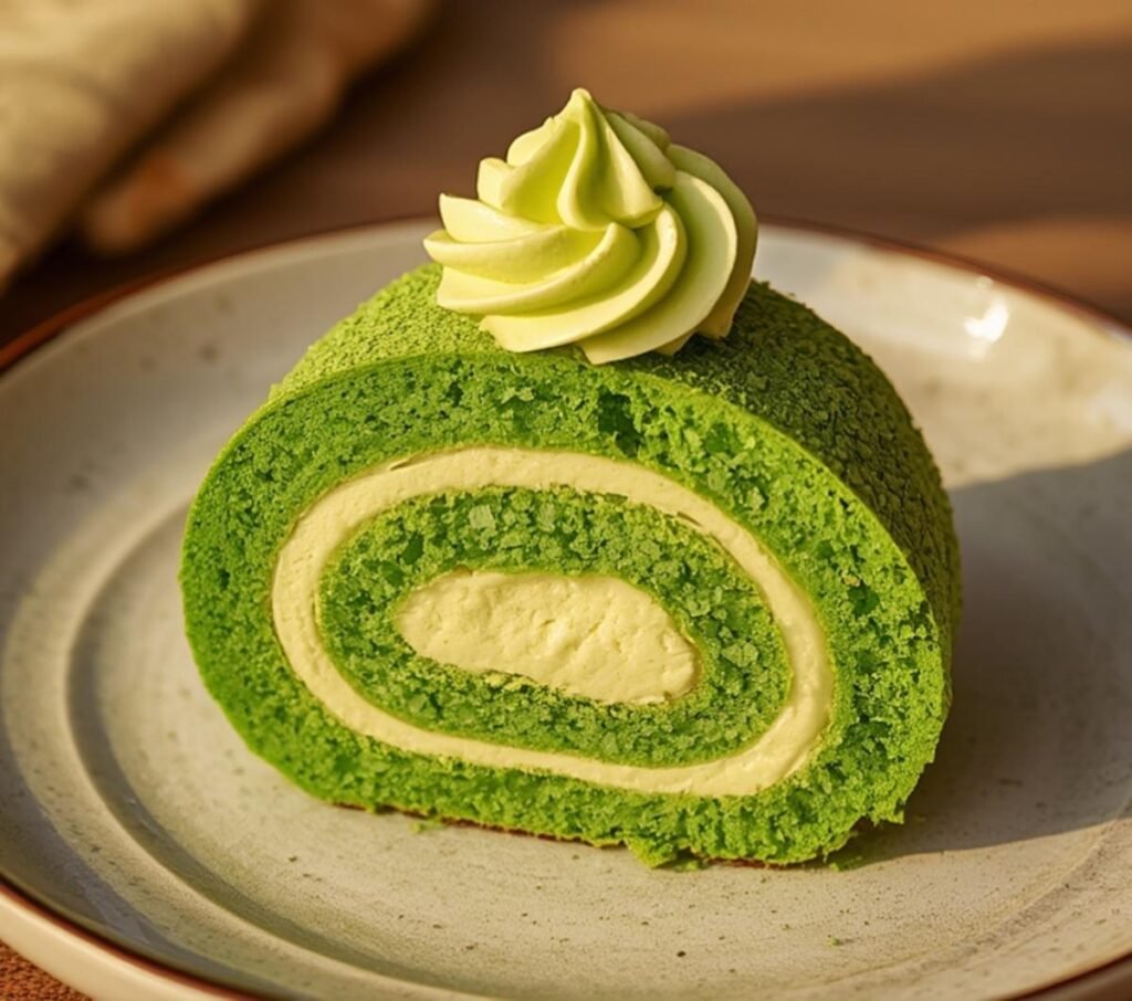 A close-up shot of a single slice of vibrant green Matcha Roll Cake with light green cream filling on a speckled plate, highlighting its delicious layers.