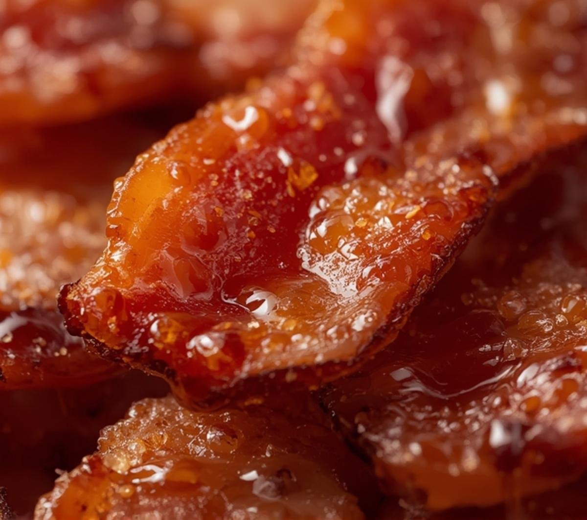 Extreme close-up of Million-Dollar Bacon showing the caramelized coating, spice specks, and crispy texture.