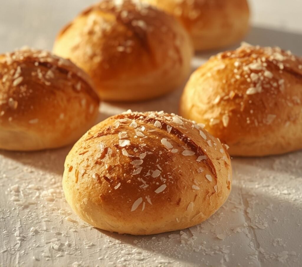 Golden-brown No Knead Salt Bread rolls sprinkled with flaky salt, ready to be enjoyed. This recipe is perfect for a quick and delicious homemade bread.