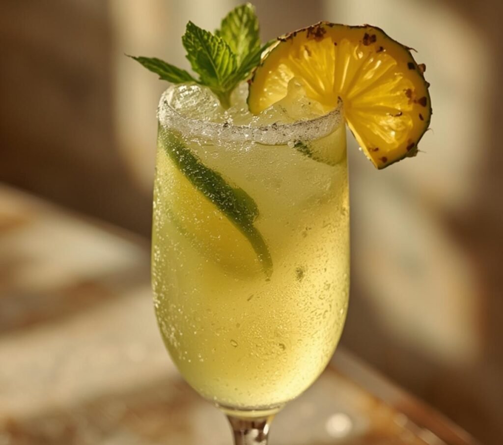 A delicious Pineapple Margarita Mocktail Recipe served in a tall glass, garnished with fresh mint and lime slices, perfect for a refreshing drink.
