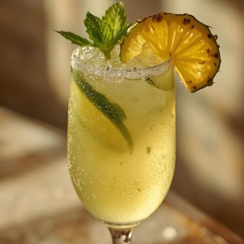 Refreshing Pineapple Margarita Mocktail Recipe 3 A delicious Pineapple Margarita Mocktail Recipe served in a tall glass, garnished with fresh mint and lime slices, perfect for a refreshing drink.