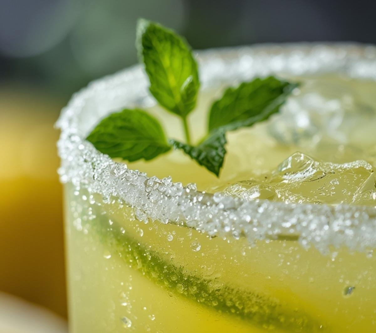 Refreshing Pineapple Margarita Mocktail Recipe 2 Extreme close-up of a Pineapple Margarita Mocktail Recipe's frosty rim, ice, mint garnish, and condensation, highlighting its refreshing texture.