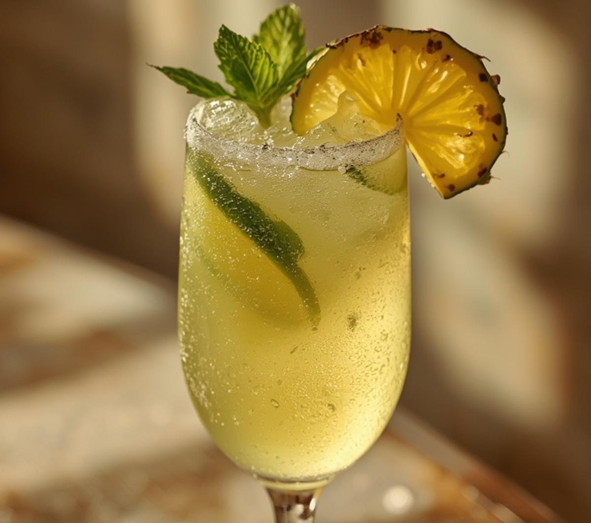 A delicious Pineapple Margarita Mocktail Recipe served in a tall glass, garnished with fresh mint and lime slices, perfect for a refreshing drink.