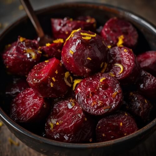 Close up of vibrant, roasted red beets coated in a glossy balsamic glaze and garnished with fresh orange zest, a delectable side dish.