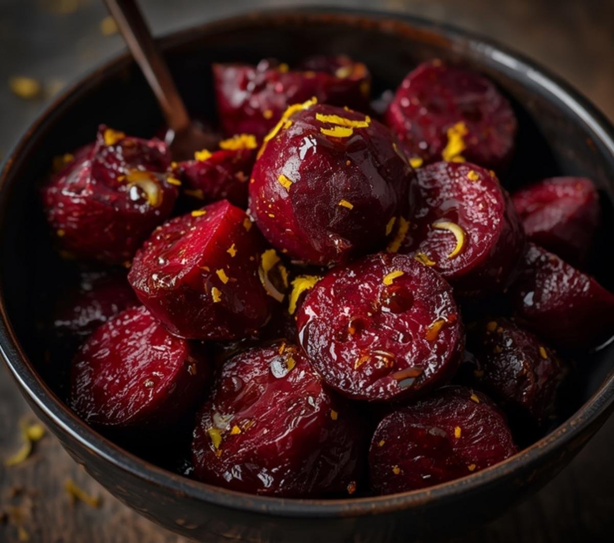 Close up of vibrant, roasted red beets coated in a glossy balsamic glaze and garnished with fresh orange zest, a delectable side dish.