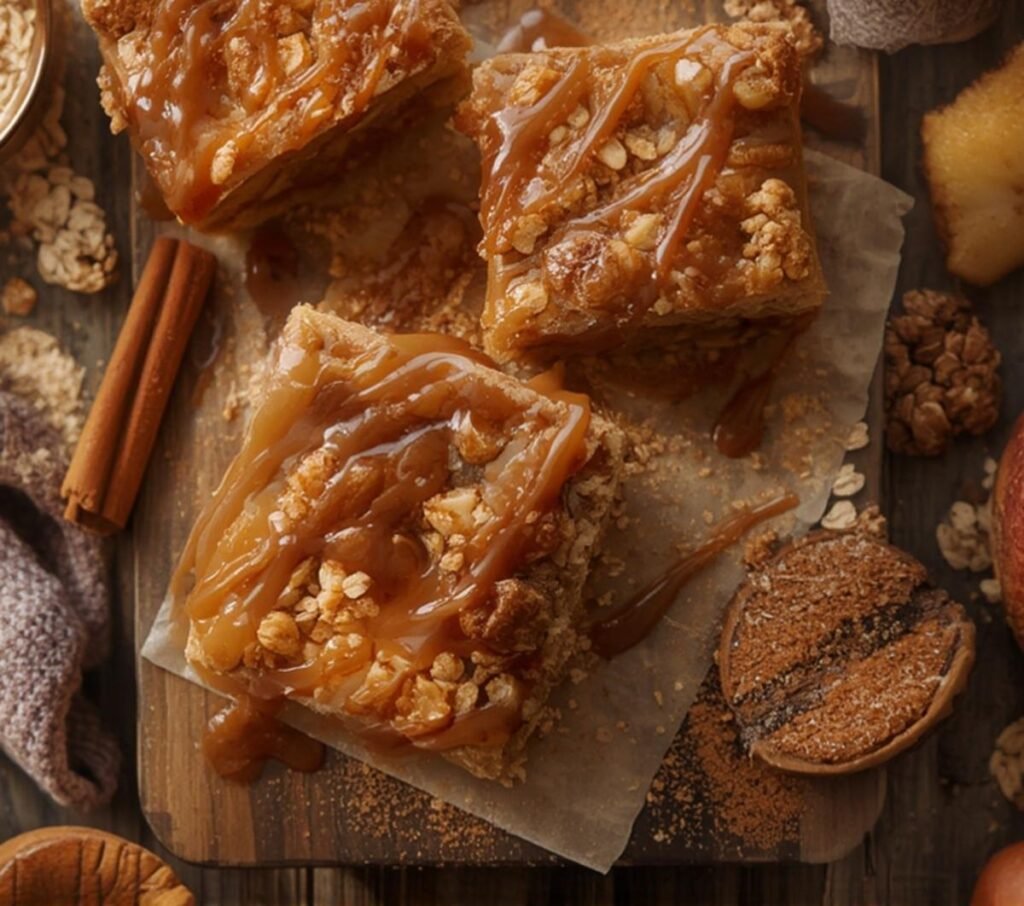 Close-up overhead shot of delicious Salted Caramel Apple Pie Bars on a wooden board, showcasing a caramel drizzle and oat topping. Perfect for fall.