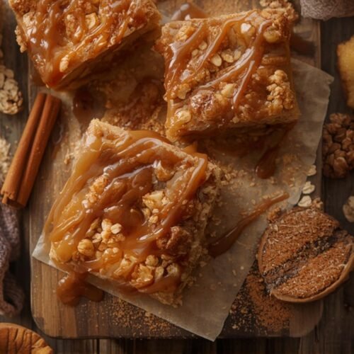 Close-up overhead shot of delicious Salted Caramel Apple Pie Bars on a wooden board, showcasing a caramel drizzle and oat topping. Perfect for fall.