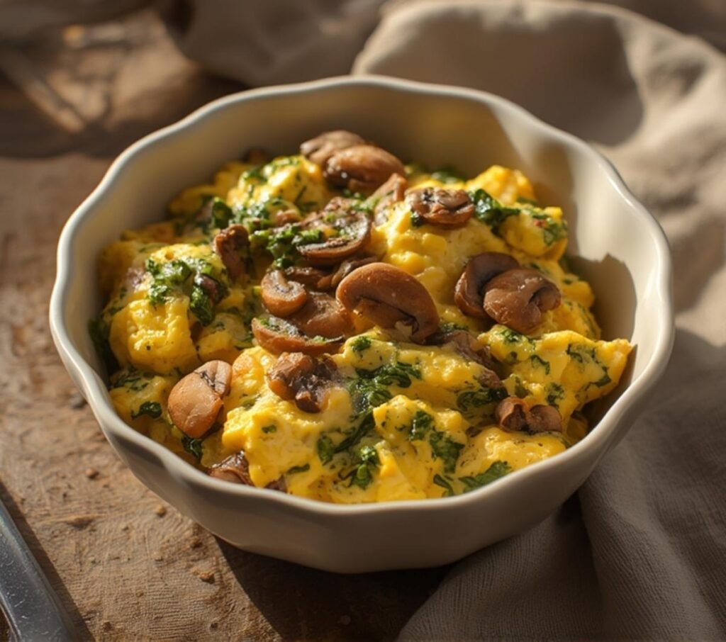A delightful plate of Spinach Mushroom Scrambled Eggs piled high, showcasing the fluffy eggs, fresh spinach, and savory mushrooms, perfect for a healthy breakfast.