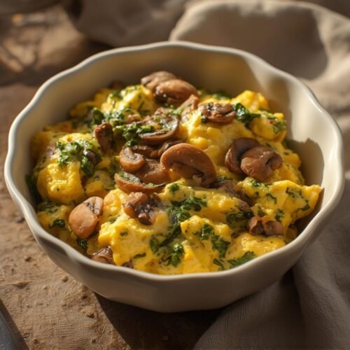 A delightful plate of Spinach Mushroom Scrambled Eggs piled high, showcasing the fluffy eggs, fresh spinach, and savory mushrooms, perfect for a healthy breakfast.