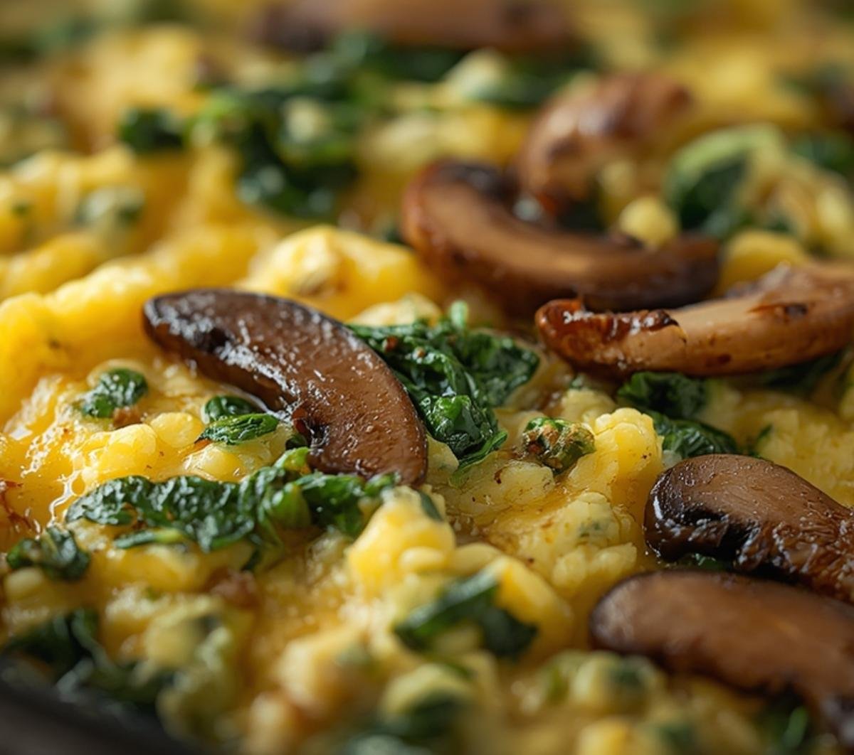 Extreme close-up of Spinach Mushroom Scrambled Eggs, highlighting the delicate texture of the fluffy eggs, wilted spinach, and glistening sauteed mushrooms.