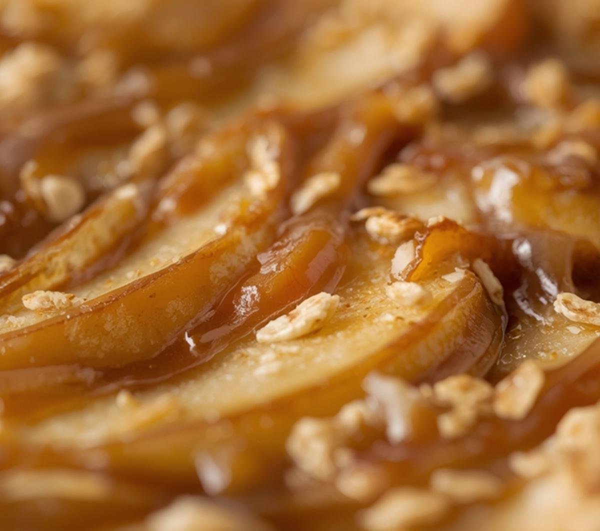Extreme close-up of Salted Caramel Apple Pie Bars showing the flaky crust, glistening apples, and melted caramel sauce. Macro view of dessert texture.