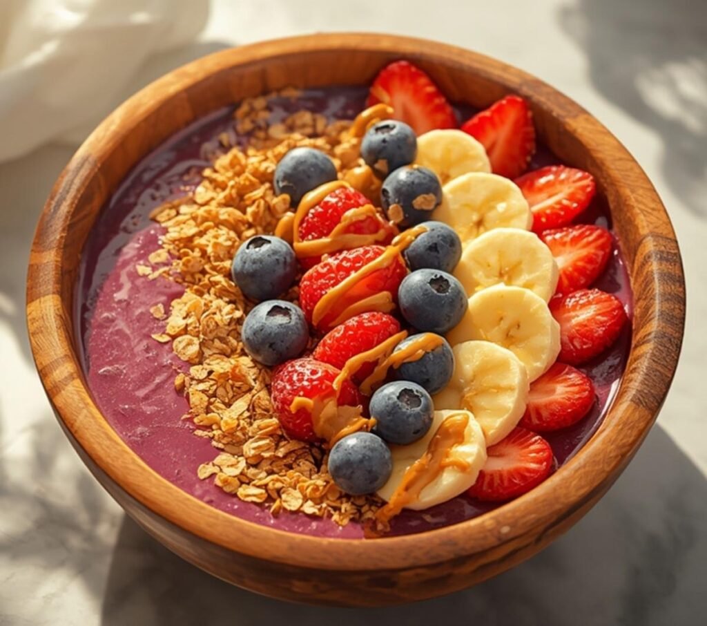 A beautiful and healthy perfect acai bowl, generously topped with fresh fruit and granola, ready to be enjoyed.