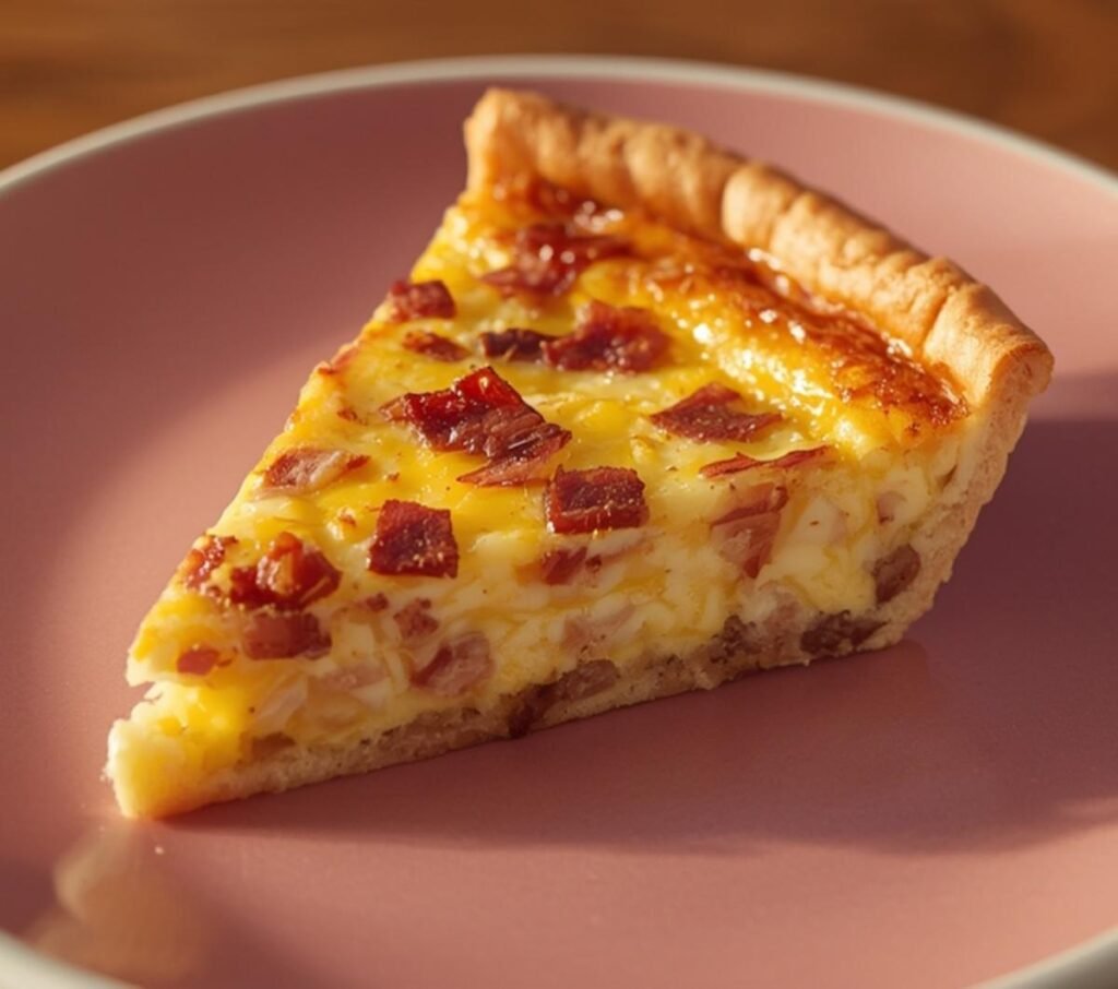 A delicious slice of easy bacon cheese quiche, golden and bubbly, served on a pink plate.