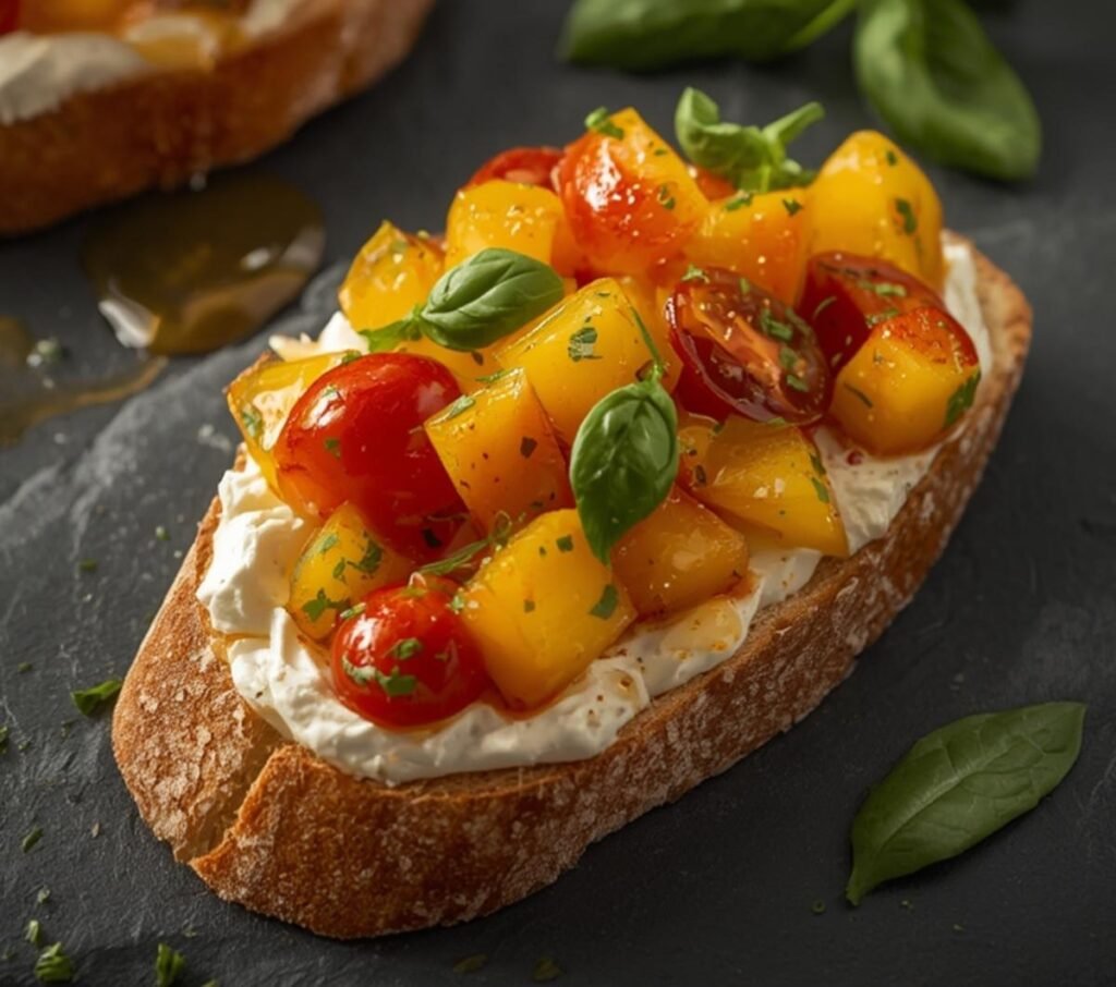 Beautifully arranged peach bruschetta on a dark platter, showcasing fresh peaches, tomatoes, and basil.