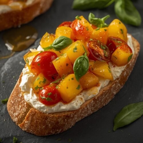 Beautifully arranged peach bruschetta on a dark platter, showcasing fresh peaches, tomatoes, and basil.