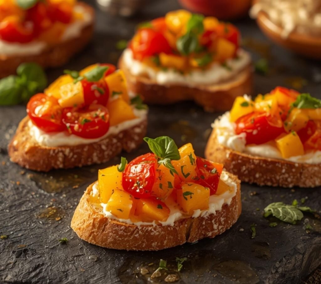 A beautiful spread of peach bruschetta appetizers on a dark background, perfect for entertaining.