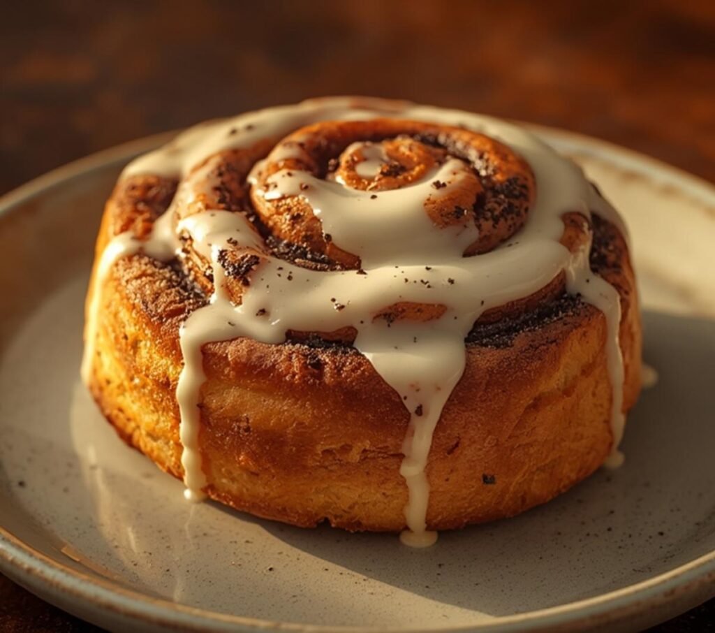 Beautifully baked Oreo stuffed cinnamon rolls with cream cheese glaze, ready to be enjoyed.